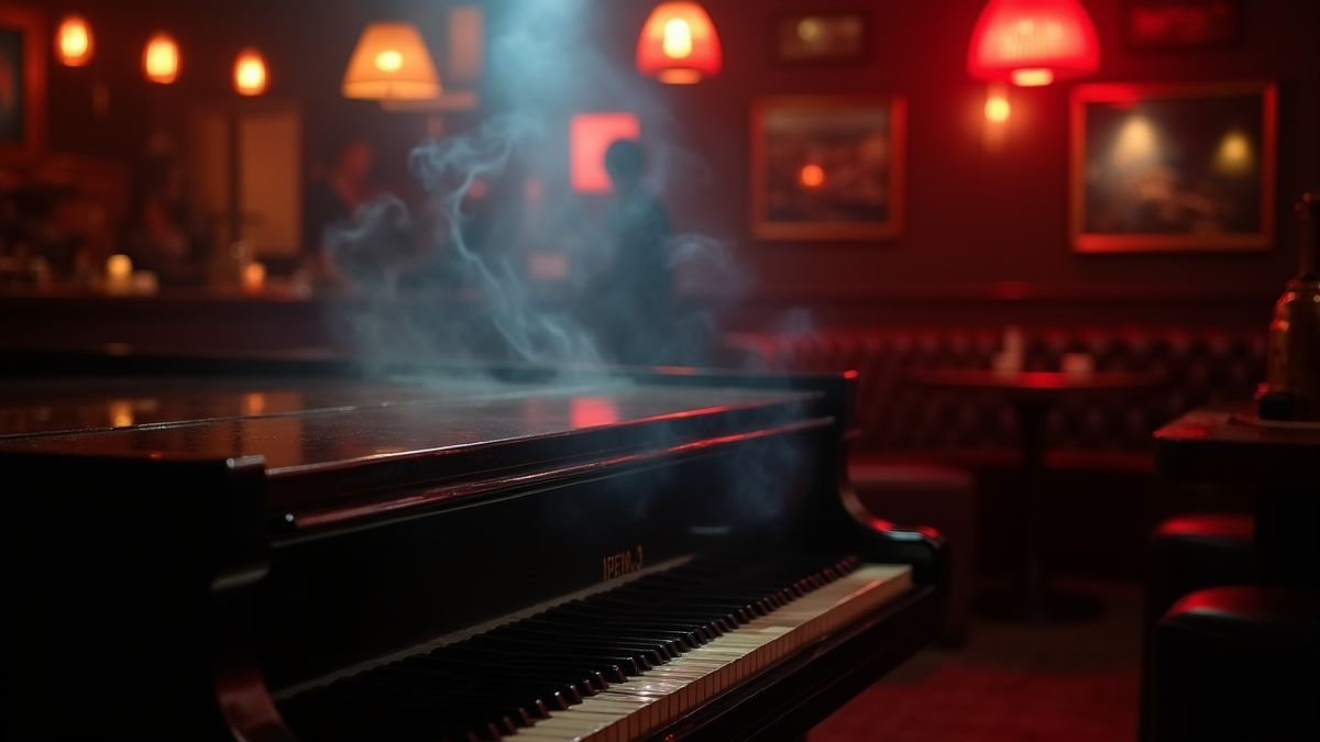 Un piano illuminé dans un lounge de jazz avec de la fumée dans l'air.