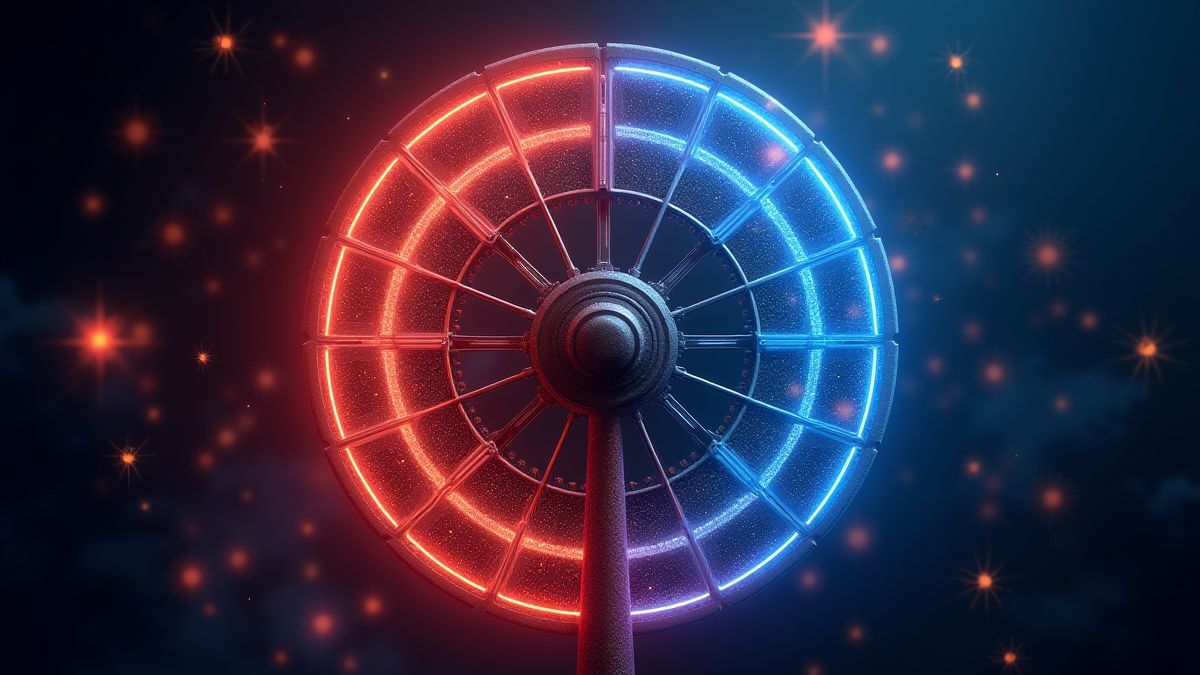 Une roue giratoire avec des sections rouges et bleues brillantes.