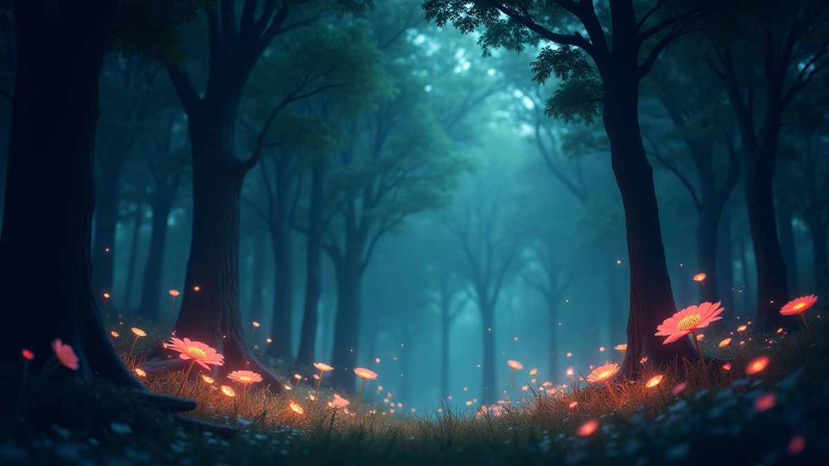 Bright flowers and magical lights in an enchanted forest.
