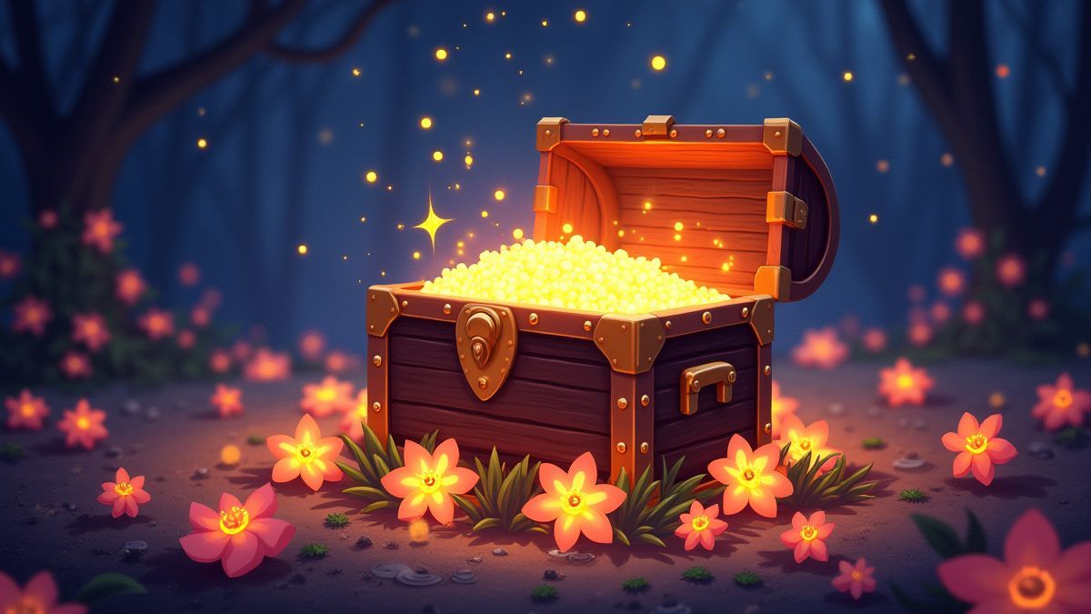 A treasure chest surrounded by magical flowers and sparkles.