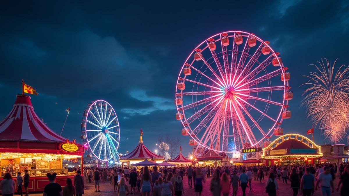 Escena de carnaval iluminada por fuegos artificiales.