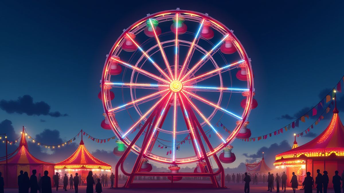 Rueda de la fortuna iluminada en un carnaval.