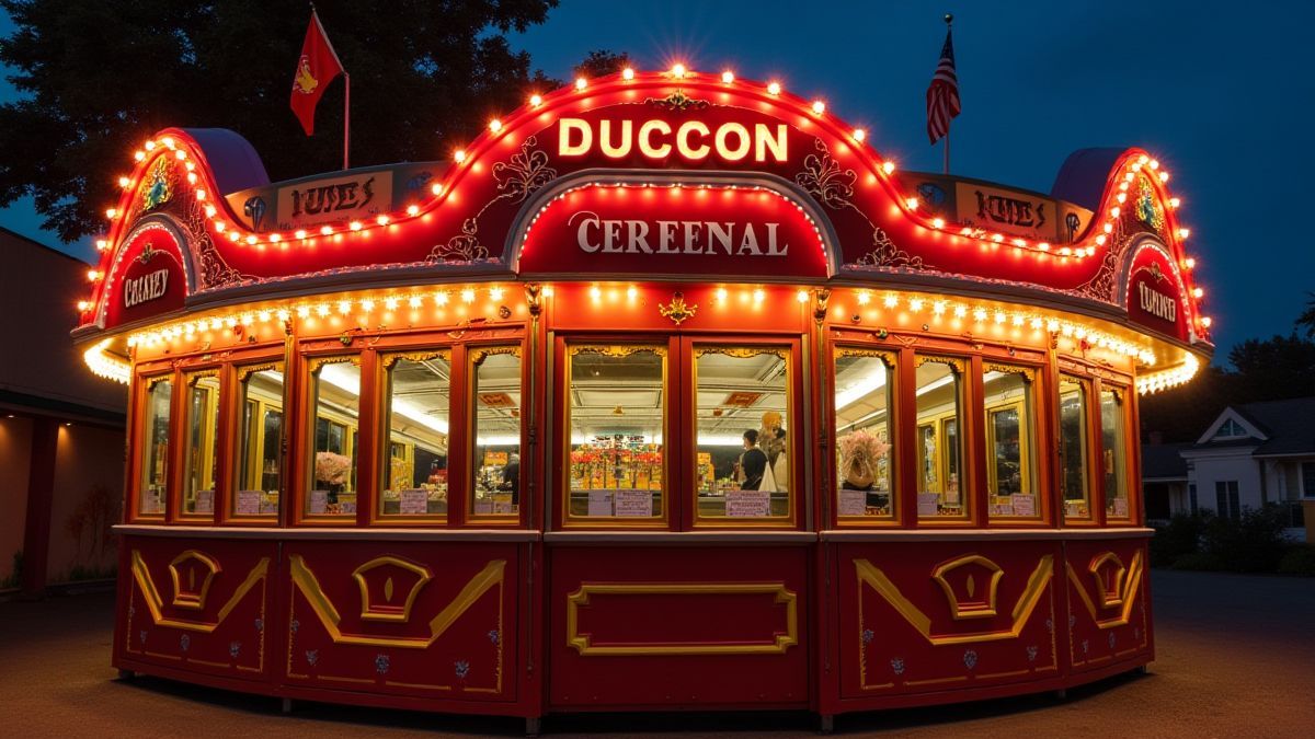 Puesto de feria vintage decorado con luces y colores.