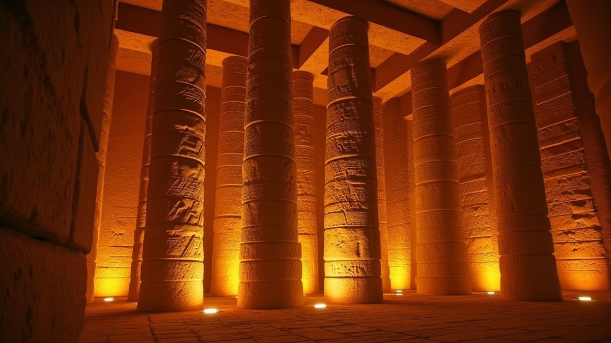 Interior de um templo egípcio com hieróglifos brilhantes.