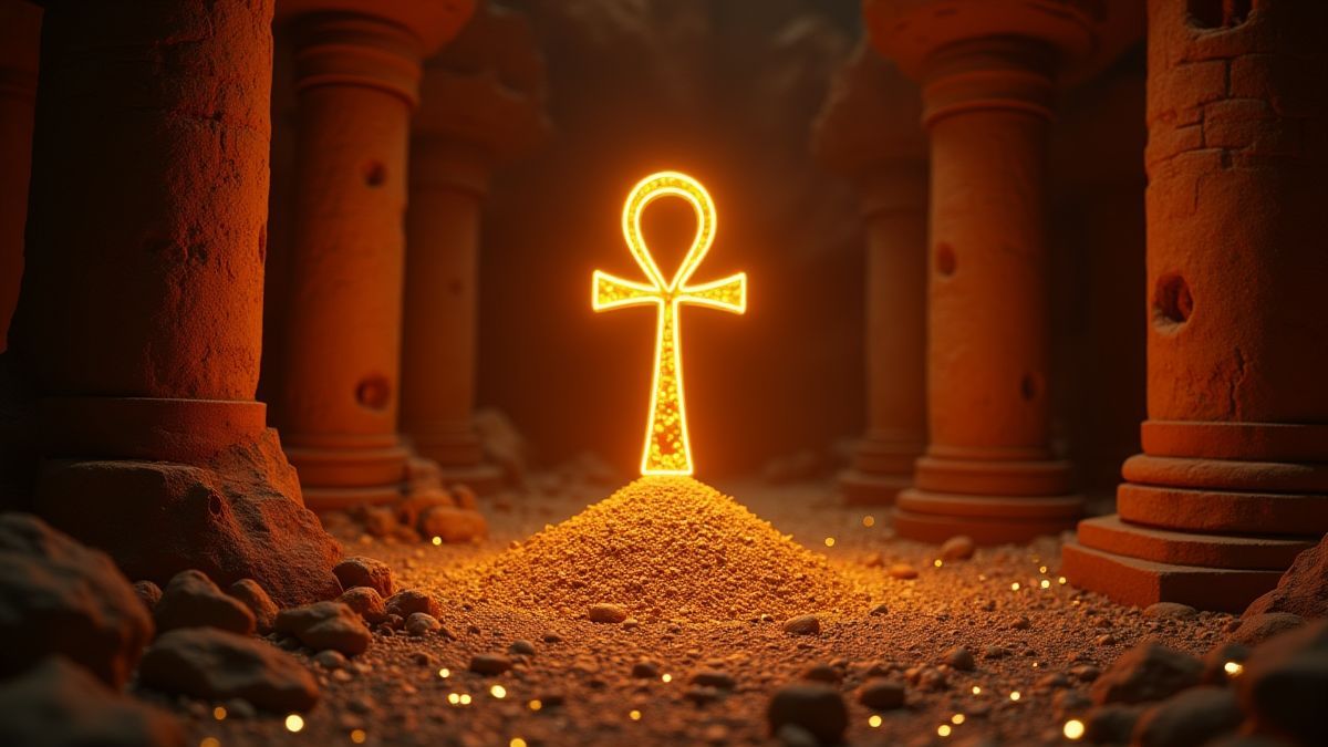 Símbolos de Ankh brilhando em uma câmara cheia de tesouros.