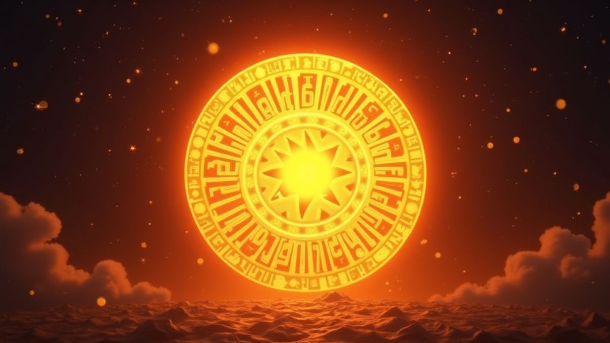 Um disco solar brilhante com símbolos egípcios flutuando ao seu redor.