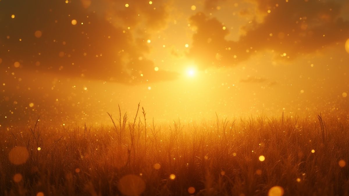 Un paisaje dorado místico con efectos de luz brillantes.
