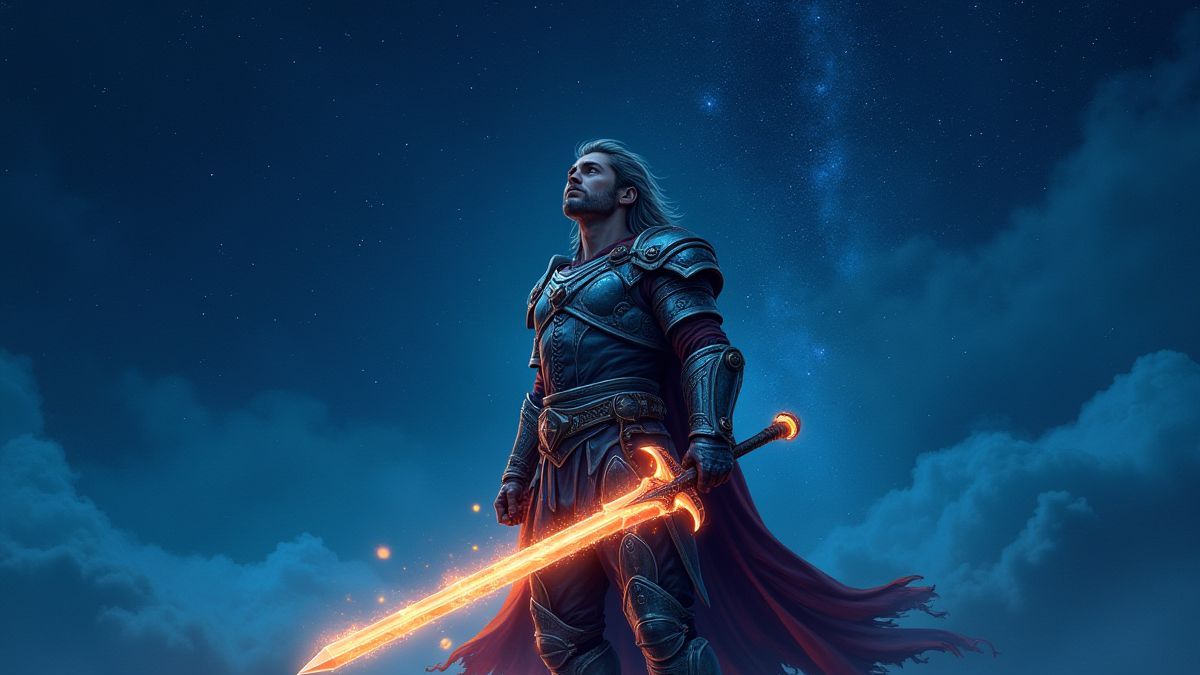 Un héroe sosteniendo una espada brillante bajo un cielo estrellado.