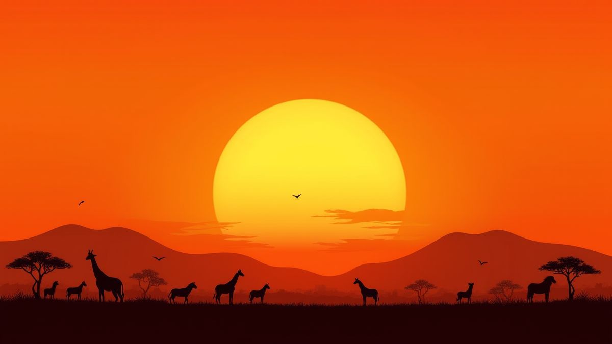 La sabana africana al atardecer con animales.