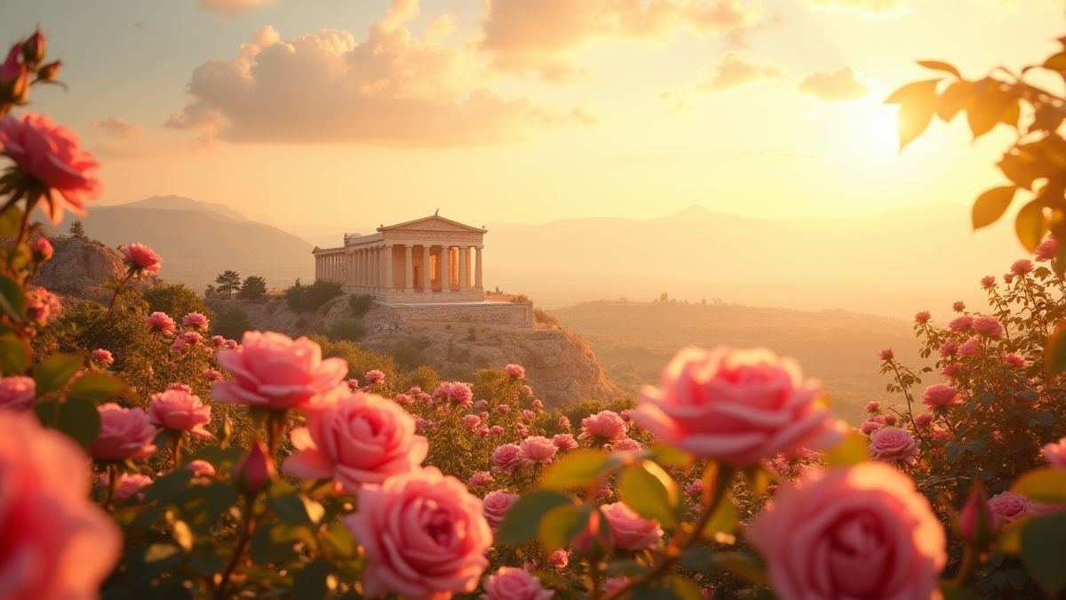 Temple grec entouré de lumière dorée et de roses.