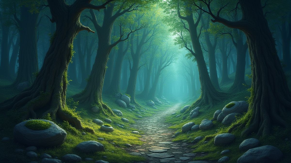 Forêt magique avec runes brillantes et artefacts médiévaux