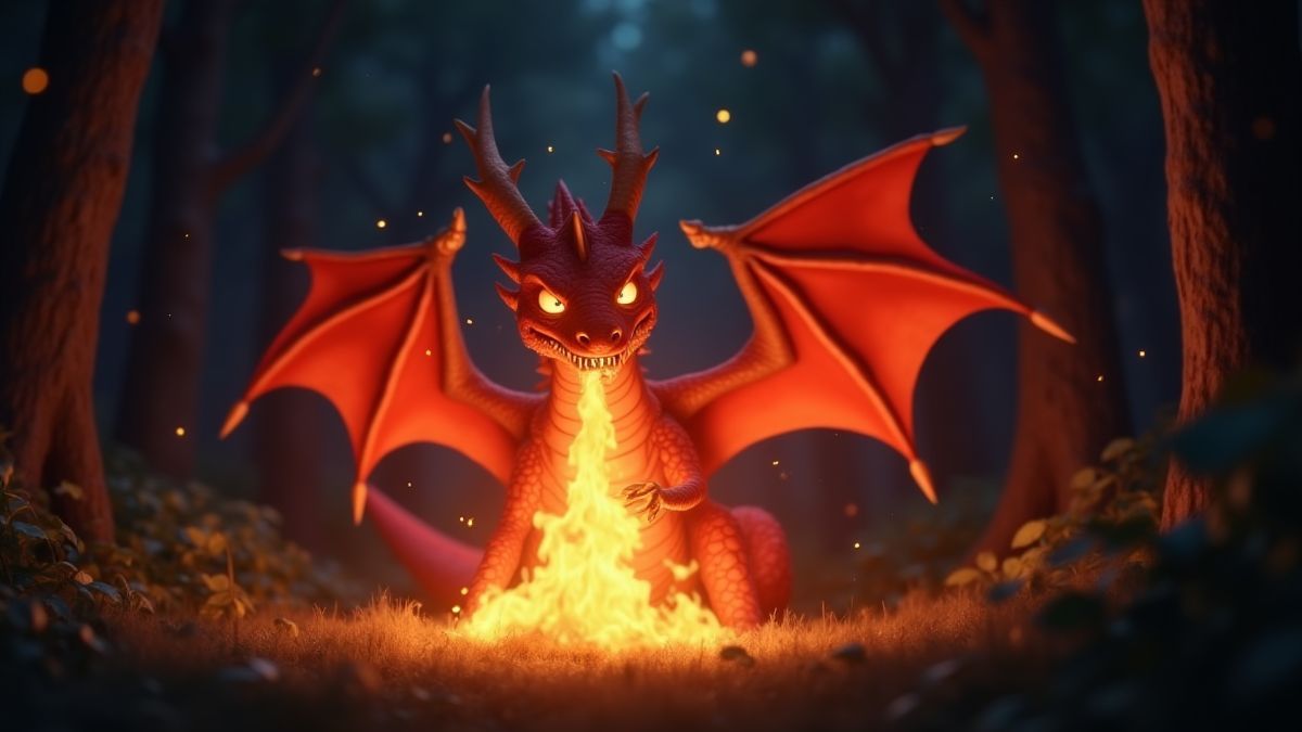 Um dragão brilhante lançando fogo em uma floresta escura.