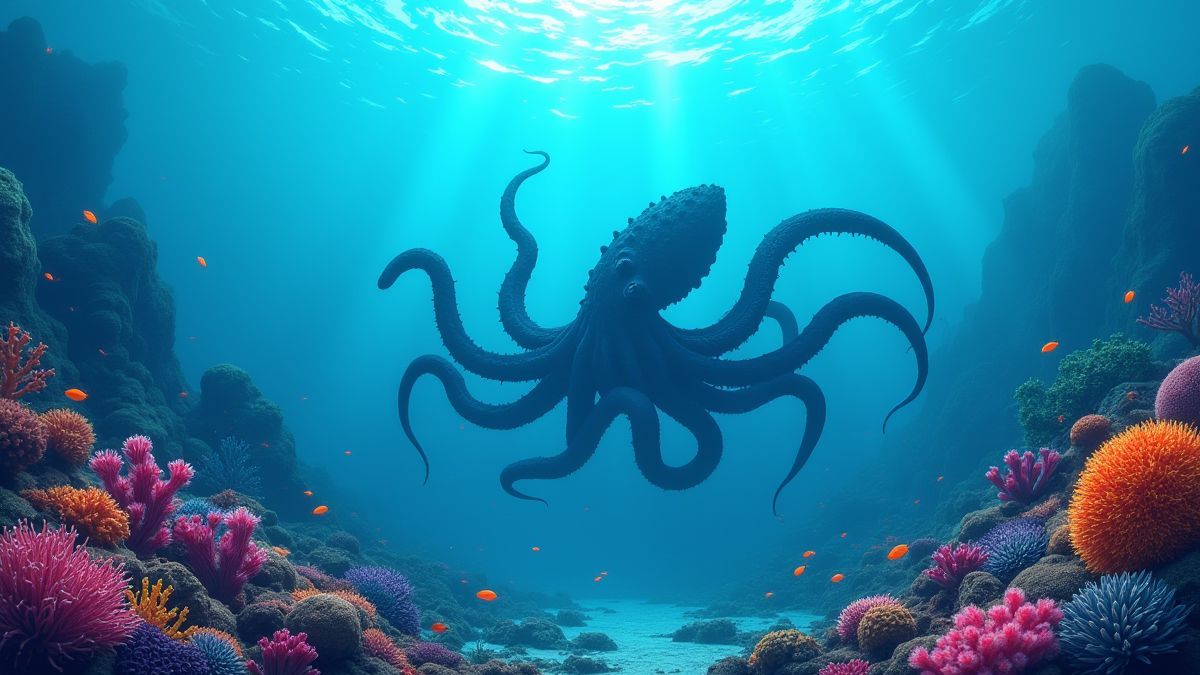 Arrecifes de coral submarinos y la silueta del Kraken.