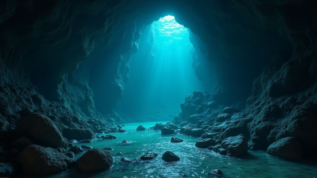 Cueva submarina misteriosa con luz brillante y tesoros ocultos.