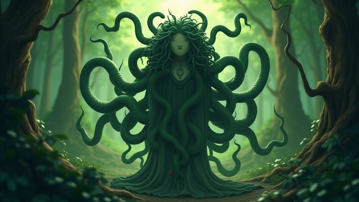 Méduse entourée de serpents dans une forêt verte.