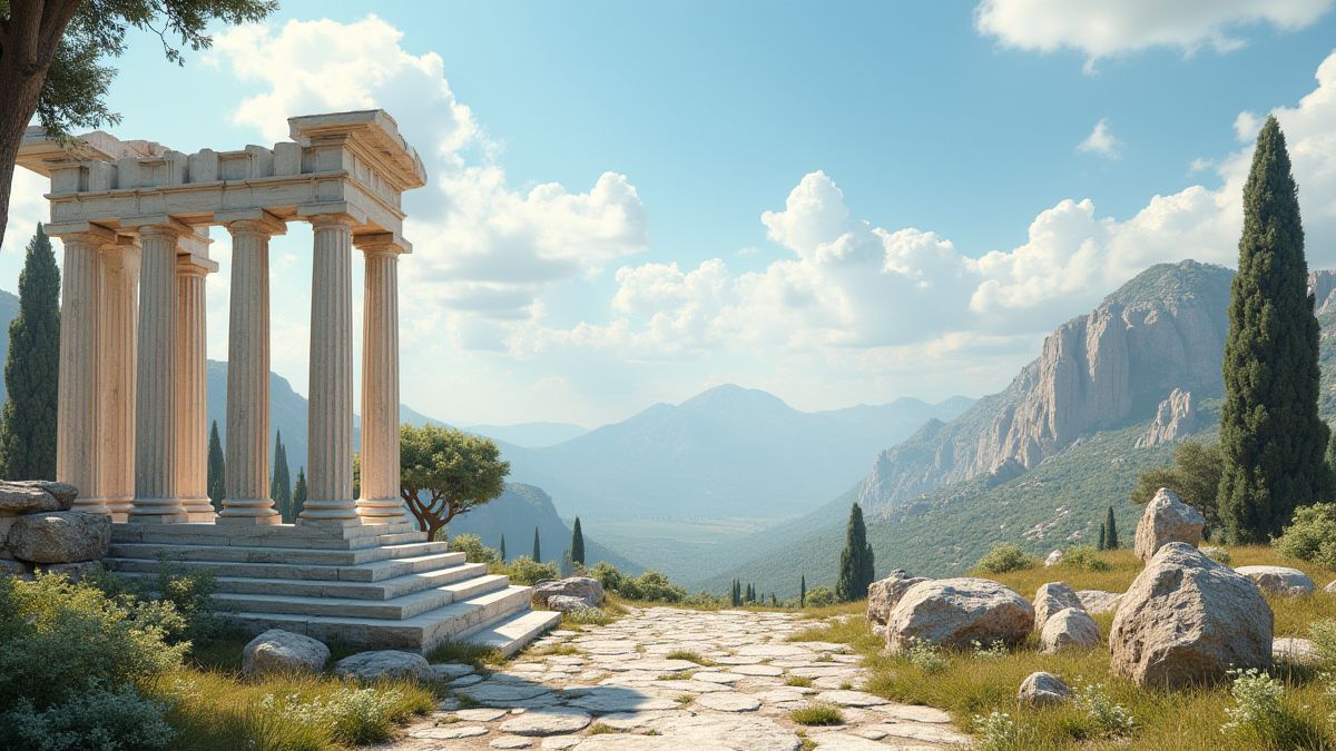 Grèce ancienne avec des colonnes de marbre et des paysages luxuriants.