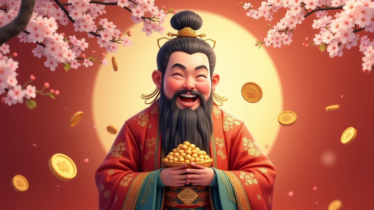 Lächelnder asiatischer Kaiser zwischen goldenen Münzen und Kirschblüten.
