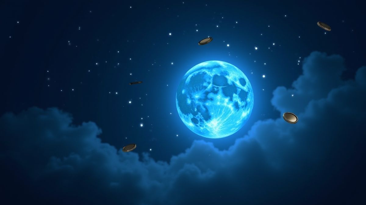 Leuchtender blauer Mond umgeben von funkelnden Sternen und schwebenden Münzen.