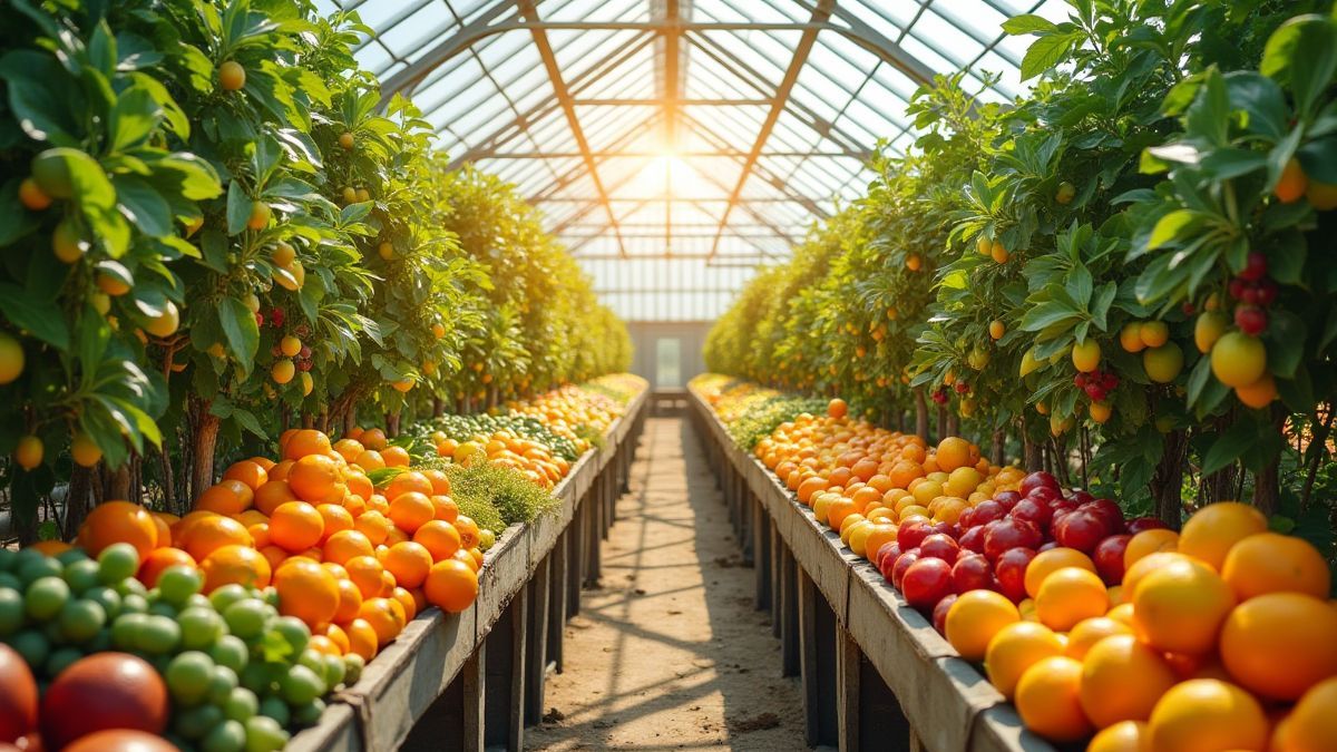 Ein Gewächshaus voller bunter Früchte im Sonnenlicht.
