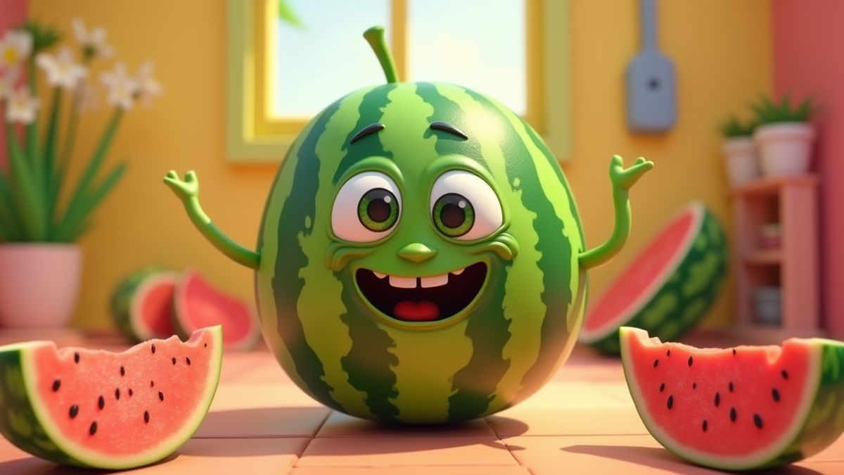 Eine animierte Wassermelone in einer bunten und lustigen Umgebung.