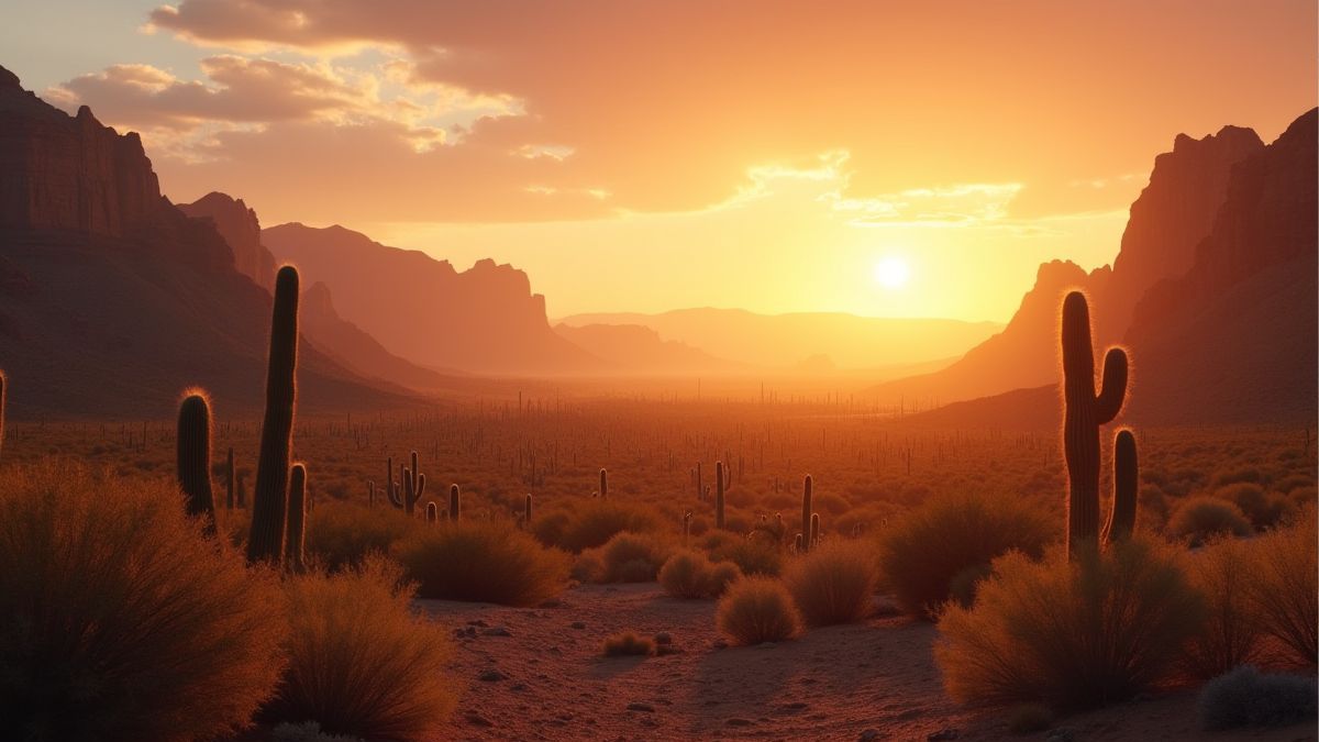 A desert landscape with mountains and a golden sunset.