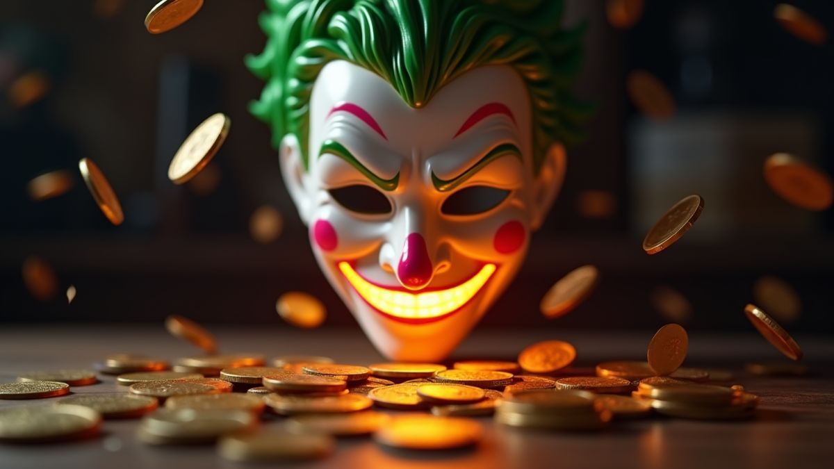 Monedas cayendo con una máscara de Joker brillante al fondo.