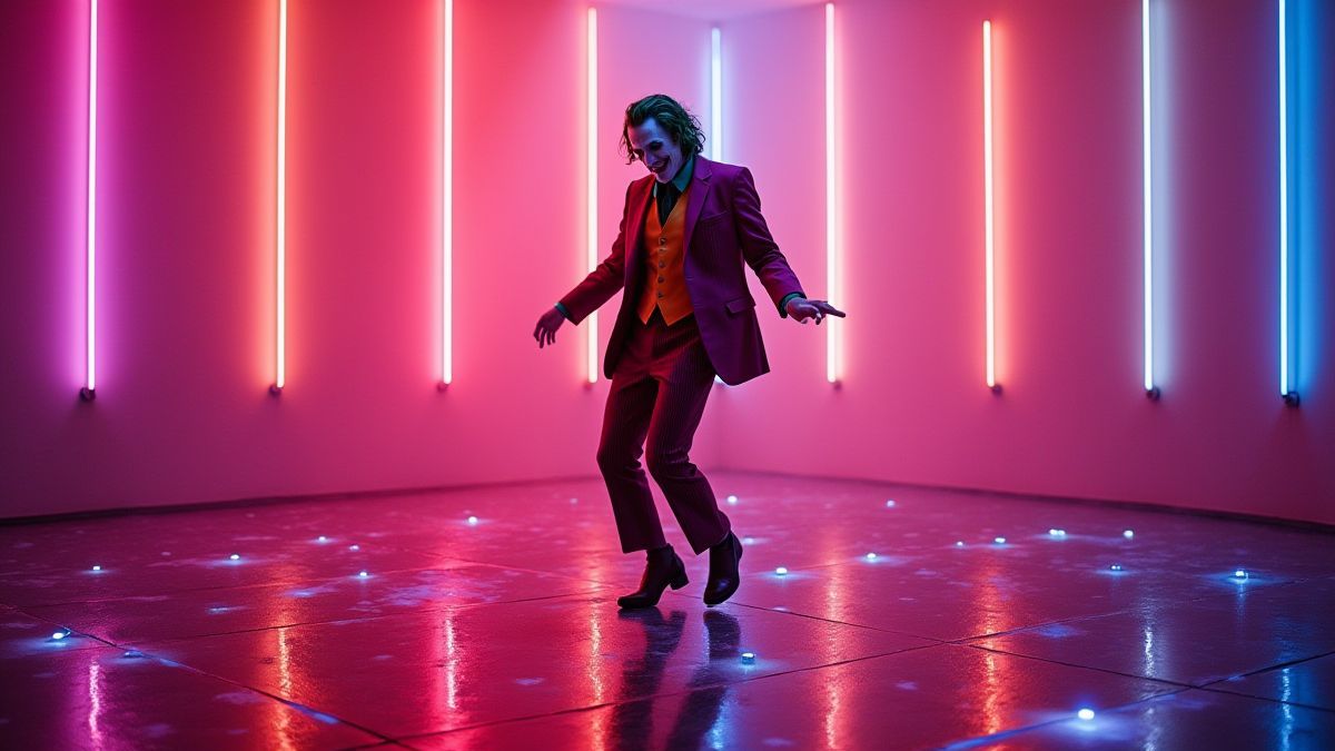 Suelo de discoteca retro con luces de neón y un Joker bailando en el centro.