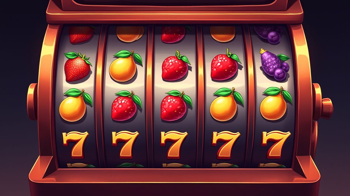 Screen of a slot machine showing paylines with fruits and sevens.