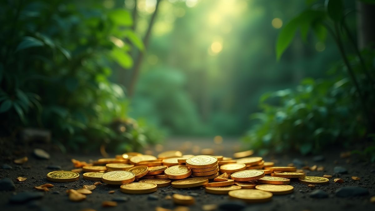 Fundo de jungla realista com moedas de ouro em o chão.
