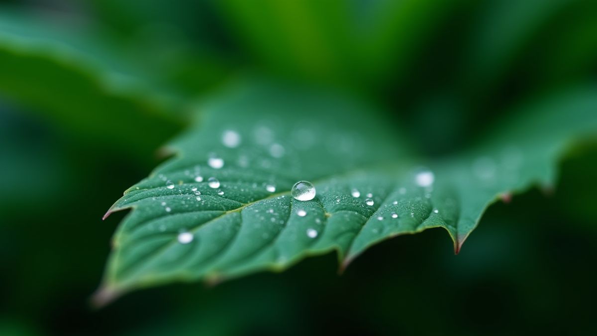 Hoja de jungla con gotas de rocío, simbolizando a beleza natural.