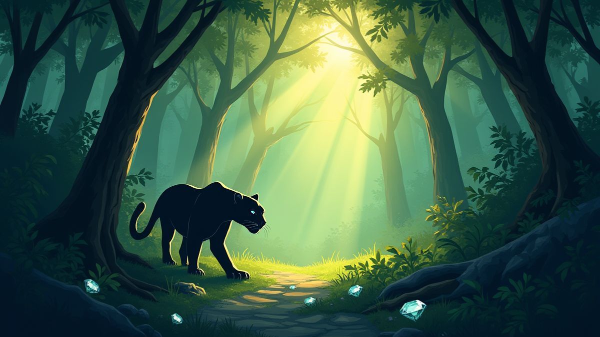 Eine Dschungel beleuchtet mit Diamanten und einem versteckten Panther.