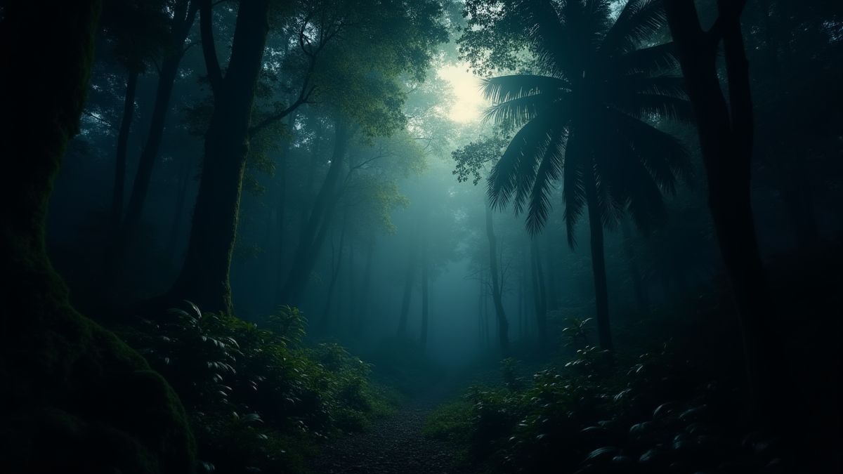 Amazon rainforest illuminated by moonlight.
