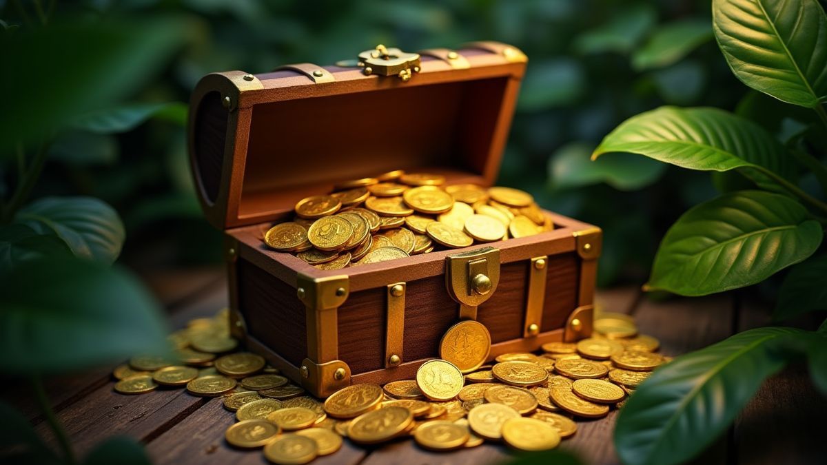 Treasure chest with golden coins and jungle leaves.