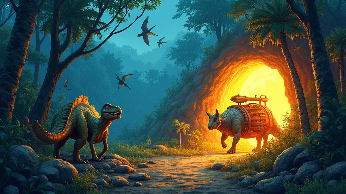 Eine prähistorische Dschungel mit Dinosauriern und einer Zeitmaschine.