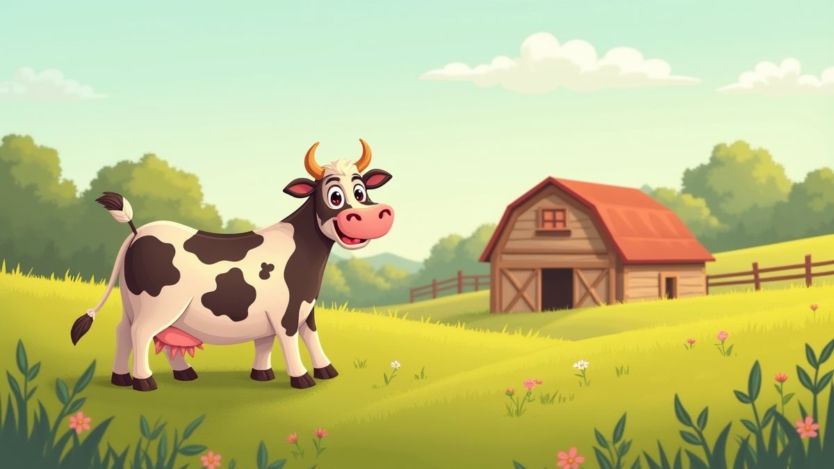 A rustic farm with a cartoon cow grazing in the field.