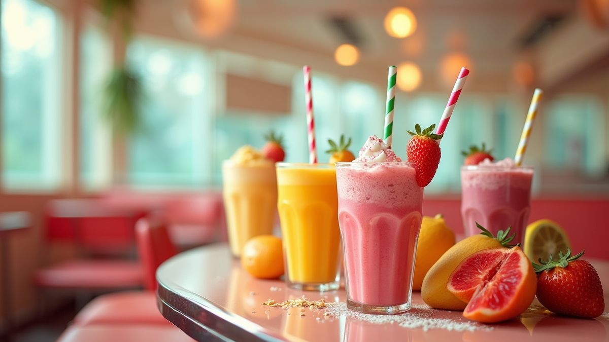 Uma cena de cafeteria retro com batidos e frutas coloridas.