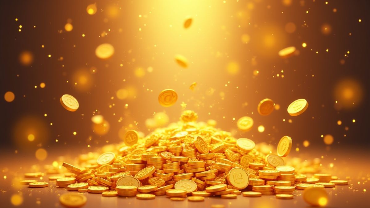 Golden coins falling against a sparkling background.