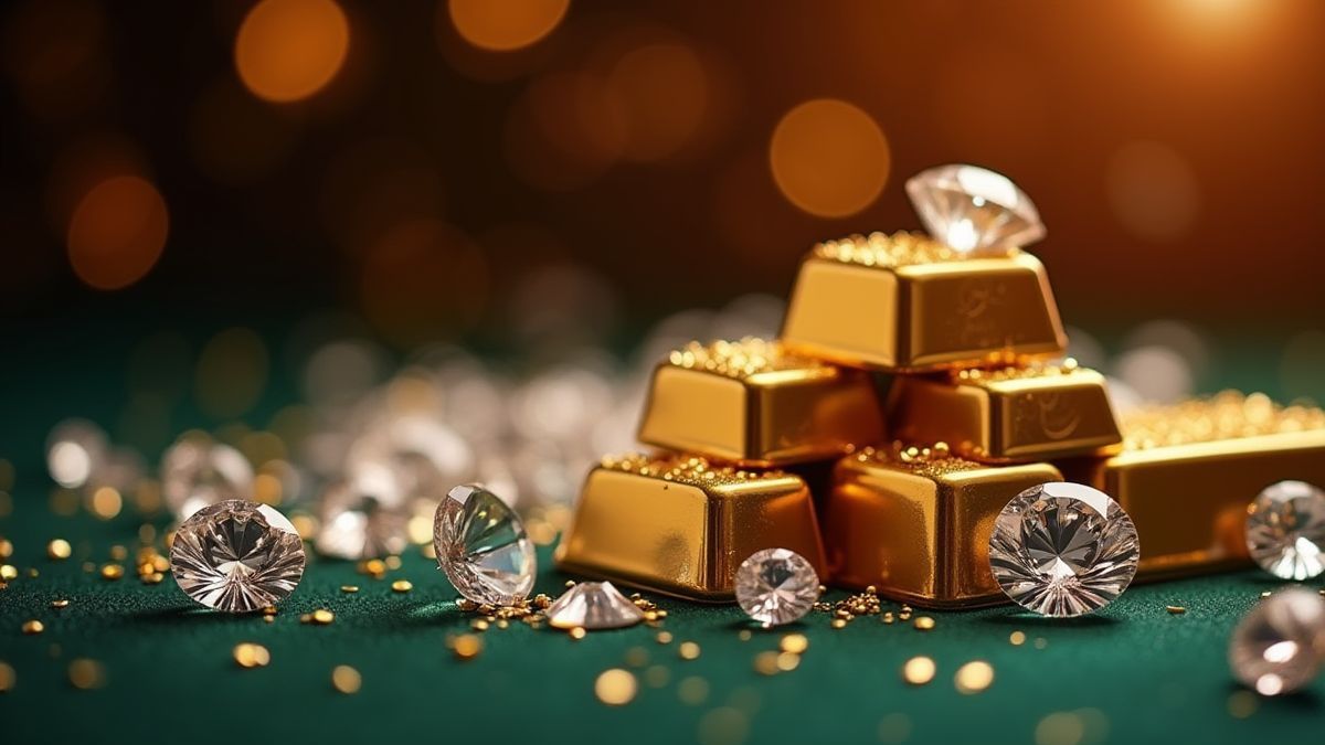 Sparkling diamonds and gold bars on a casino table.