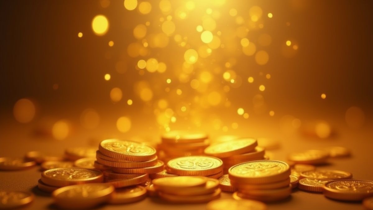 Moedas douradas brilhando e caindo lentamente.
