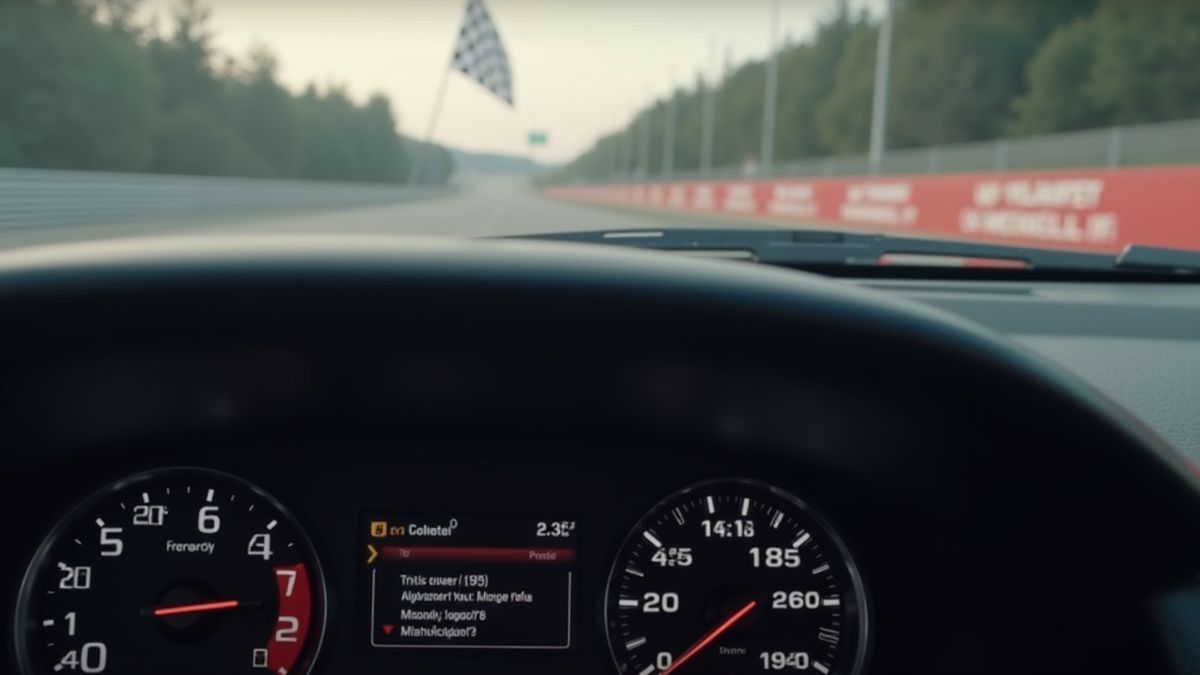 Tablero de un coche de carreras con indicadores de velocidad y una bandera a cuadros.