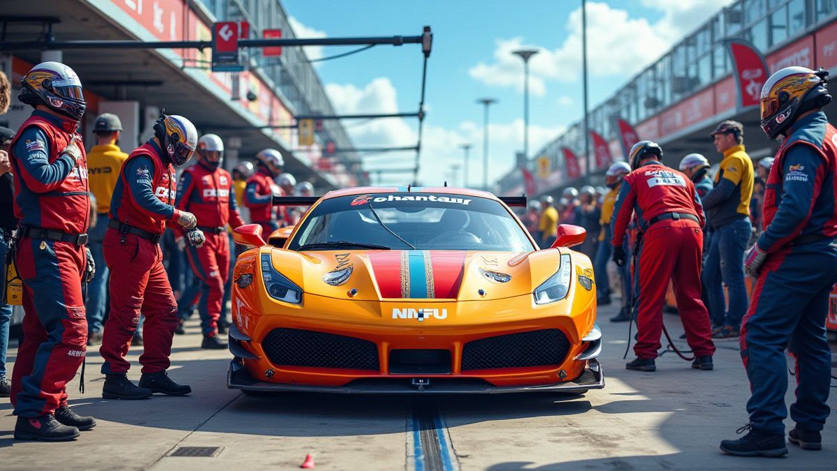 Un pit stop lleno de colores con mecánicos trabajando en coches de carreras.