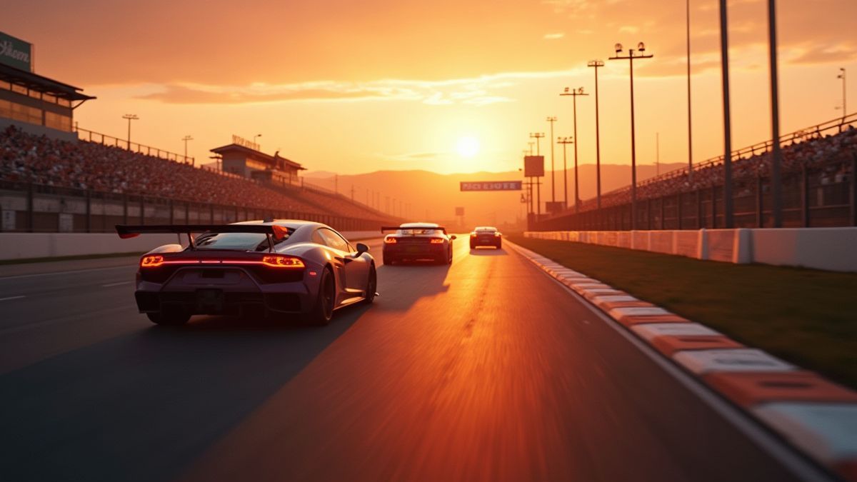 Una pista de carreras al atardecer con coches acelerando hacia la meta.