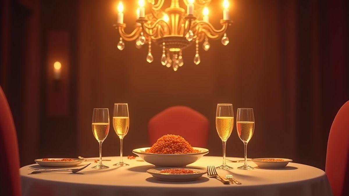 Tafel met kaviaar en champagneglazen onder een elegante kroonluchter.