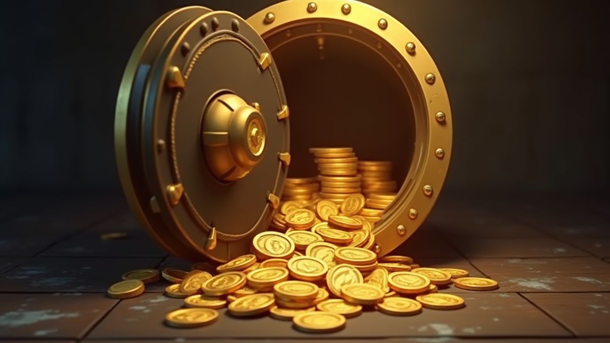 Kluis gevuld met gouden munten en geld.