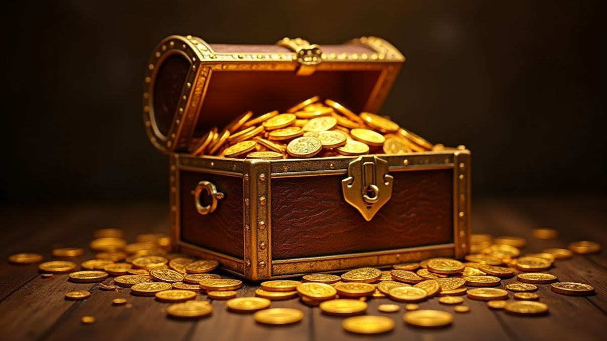 Monedas de oro brillando en un cofre del tesoro.