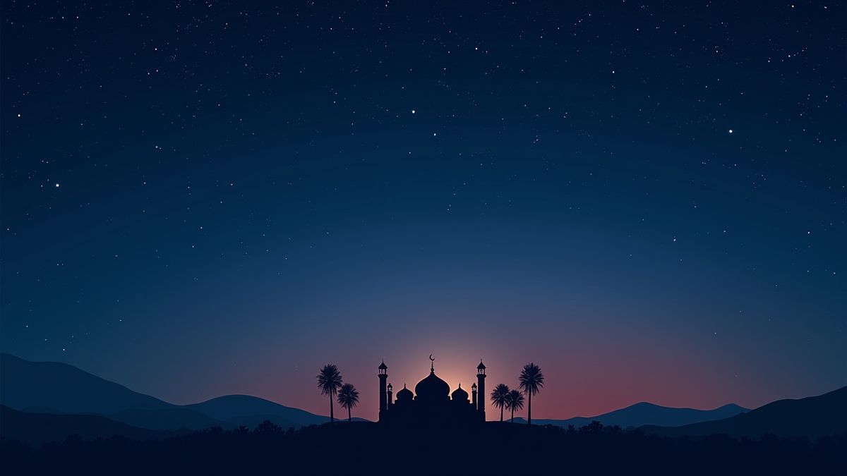 Cielo nocturno árabe con un palacio de fondo.