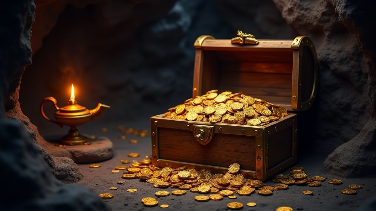 A treasure chest full of gold coins and jewels in a cave.