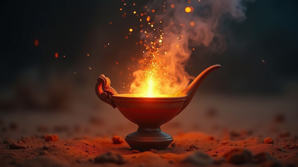 A glowing magical lamp in a mystic desert.