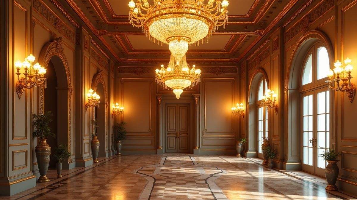 Interior de una mansión de lujo con candelabros y detalles dorados.