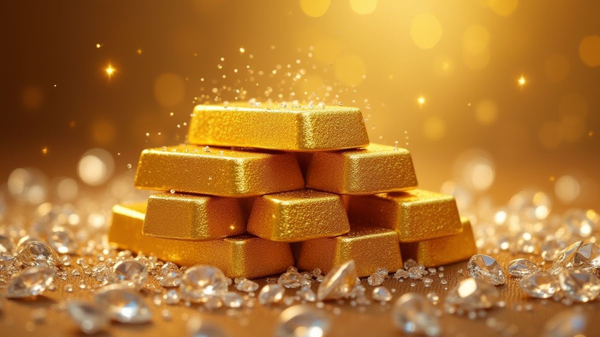Lingotes de oro apilados rodeados de diamantes brillantes.